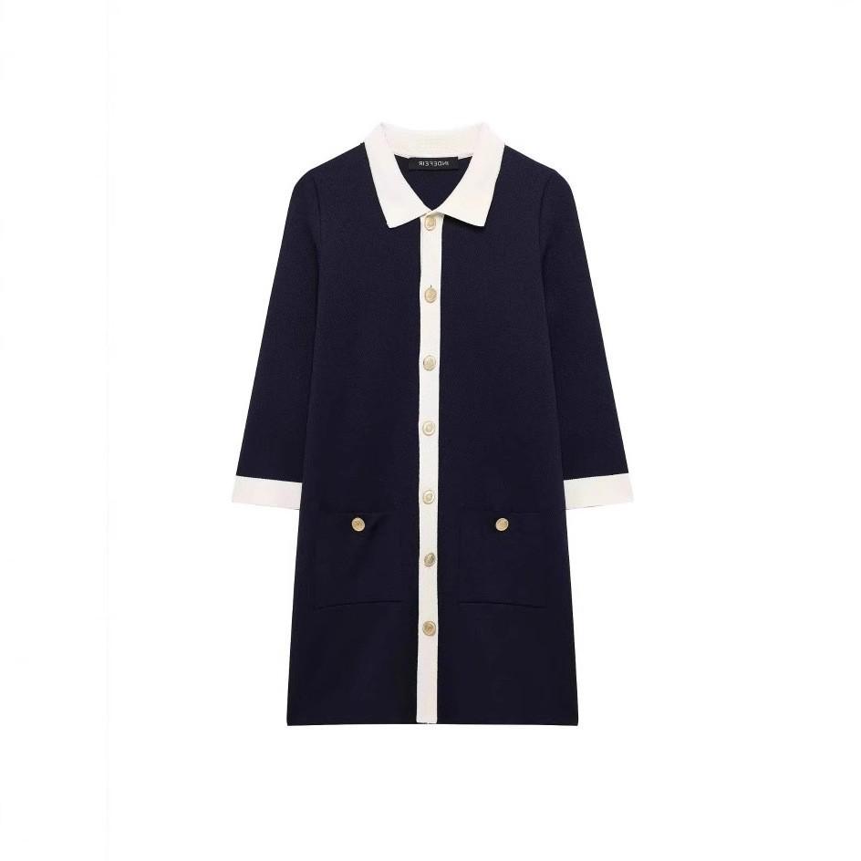 TAOP&ZA Women's Early Spring Color Block Turn-Down Collar Long Sleeve Knitted Dress