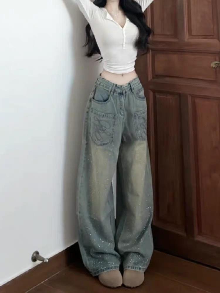 

Retro Star Rhinestone Embroidered Wide-Leg Jeans for Women - Lazy Style Straight Floor-Length Pants Small синий