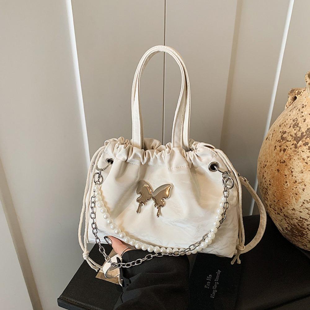 Magnetic Buckle Silver Butterfly  Backpack Metal Chain Pearl Chain Handbag  Daily