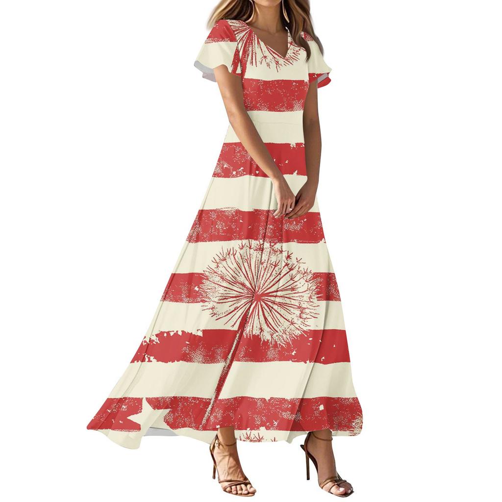 Women's Independence Day Printed Casual Fashion Dresses V-Neck Short Sleeve Dresses
