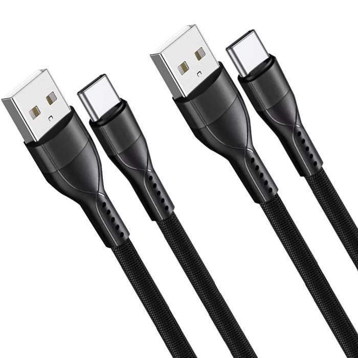 Lot-2 Câble USB-C 1M Charge Rapide 3A pour Xiaomi Redmi 14C/13C, Redmi Note 14/13, Note 13 Pro Plus 5G - Nylon Tressé Noir