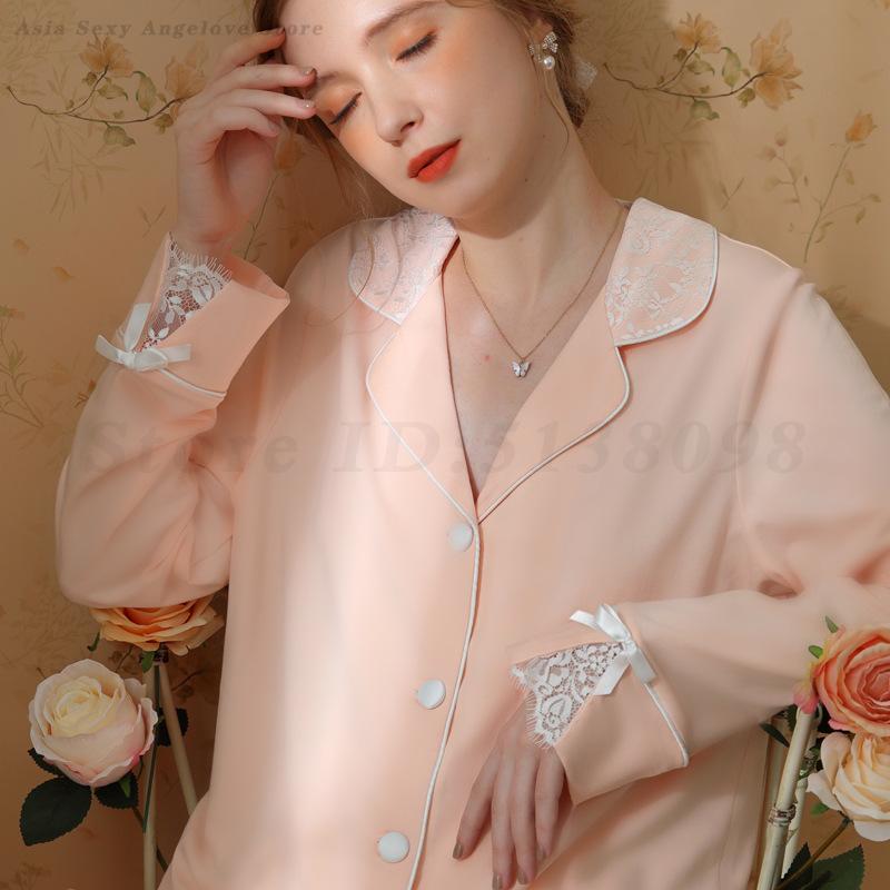 Female Luxury Elegant Pajamas Suit Sexy Lace Patchwork Home Clothes Sleepwear Long Sleeved Trousers 2PCS Pyjamas Set Lounge Wear