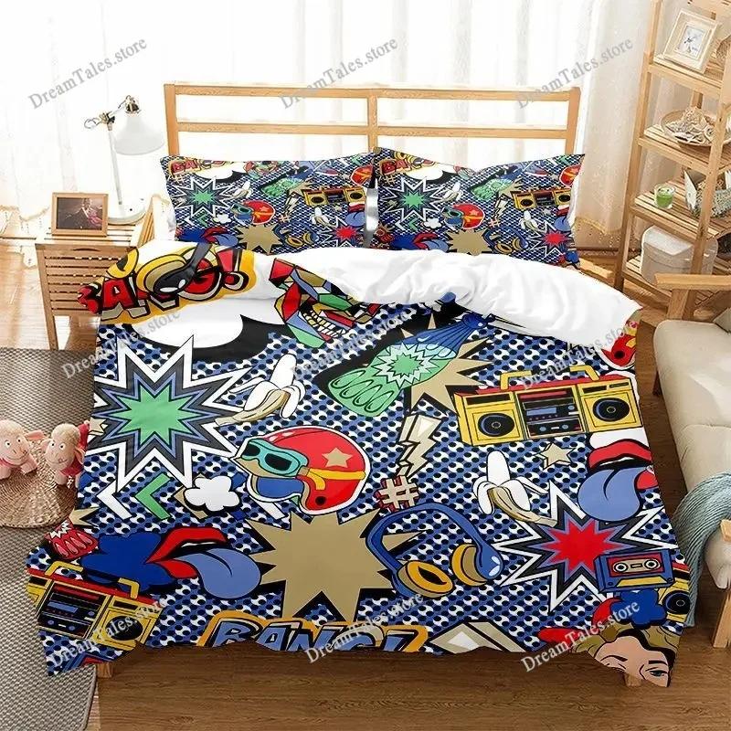 Graffiti Duvet Cover Set Cute Hip Hop Style Polyester Comforter Cover with Pillowcase Queen Full Size for Kid Teen Bedding Set
