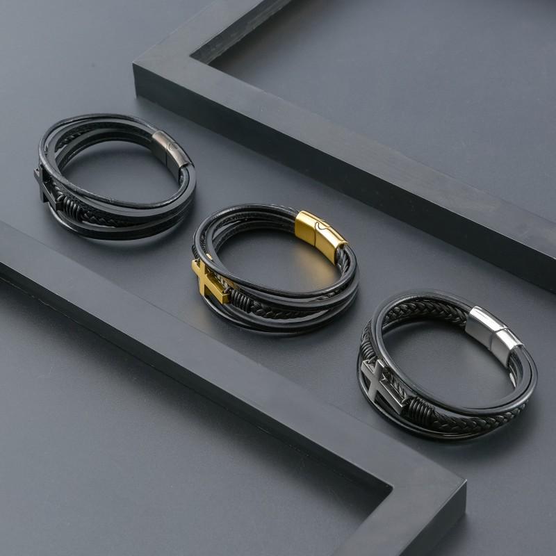 Stainless Steel Cross Pendant Leather Braided Layered Bracelet Men Geometric Design Ins Style Adjustable Length