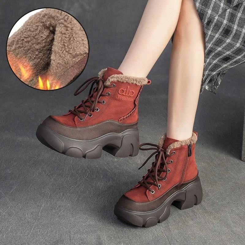 Johnature Plush Warm Genuine Leather Commuting Short Boots Retro Thick Soled Women's Shoes