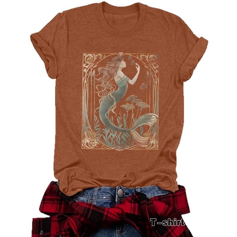 Women's Summer Casual T-shirt Mermaid Pattern Round Neck Short Sleeve Top