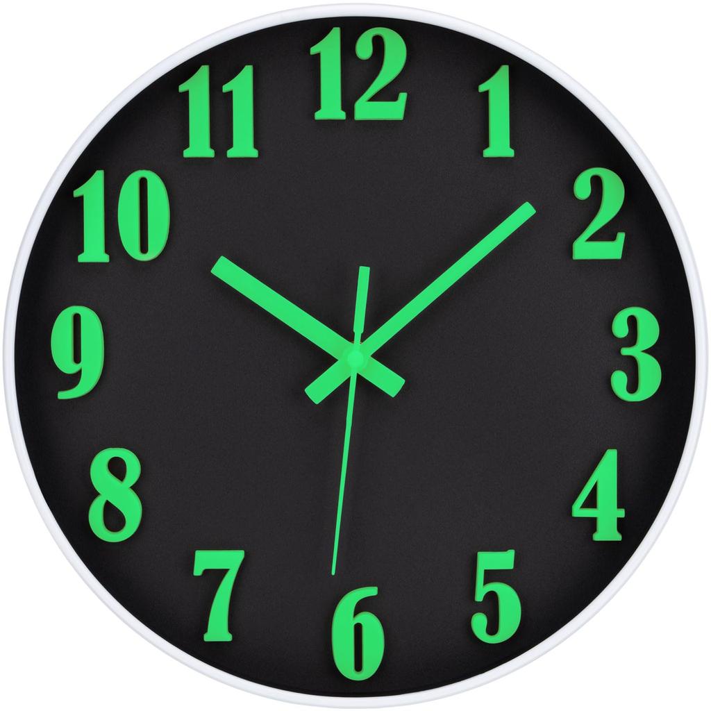 AUTVIVID Luminous Wall Clock, Silent, Continuous Second Hand, Large Dial, Automatically Illuminates in Darkness, Luminous, 3D Large Dial, Easy to Read