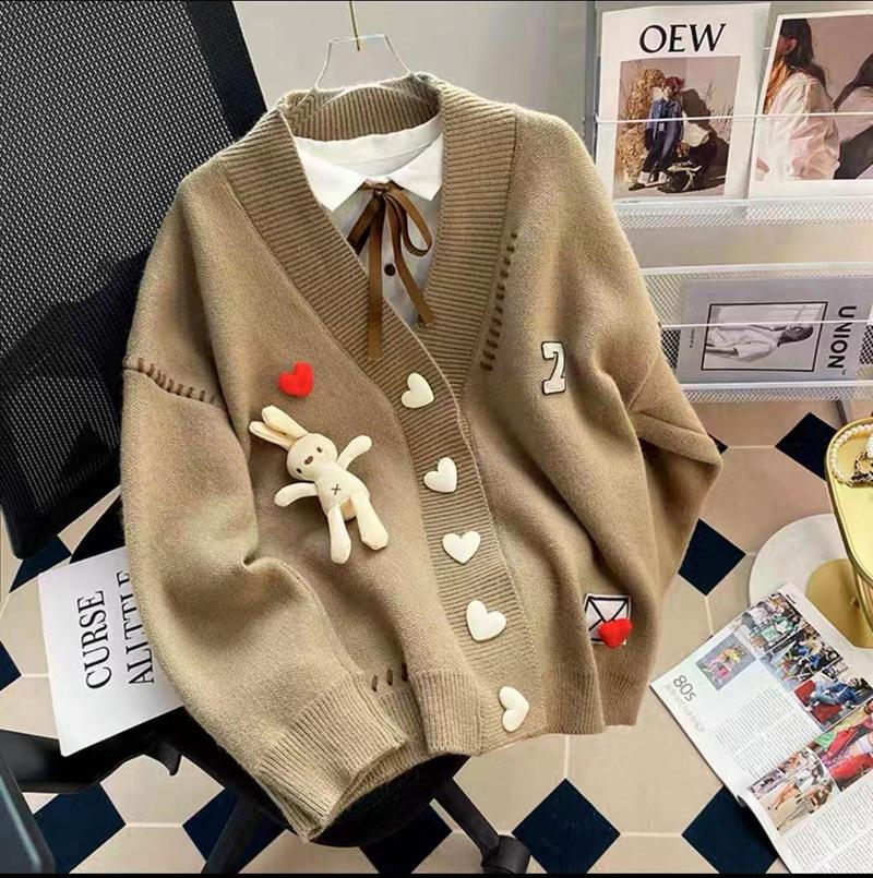 

Кардиган Женская одежда Стиль преппи Love Rabbit Sweet Pull Femme Повседневная мода Вязаный свитер большого размера Пальто One Size хаки