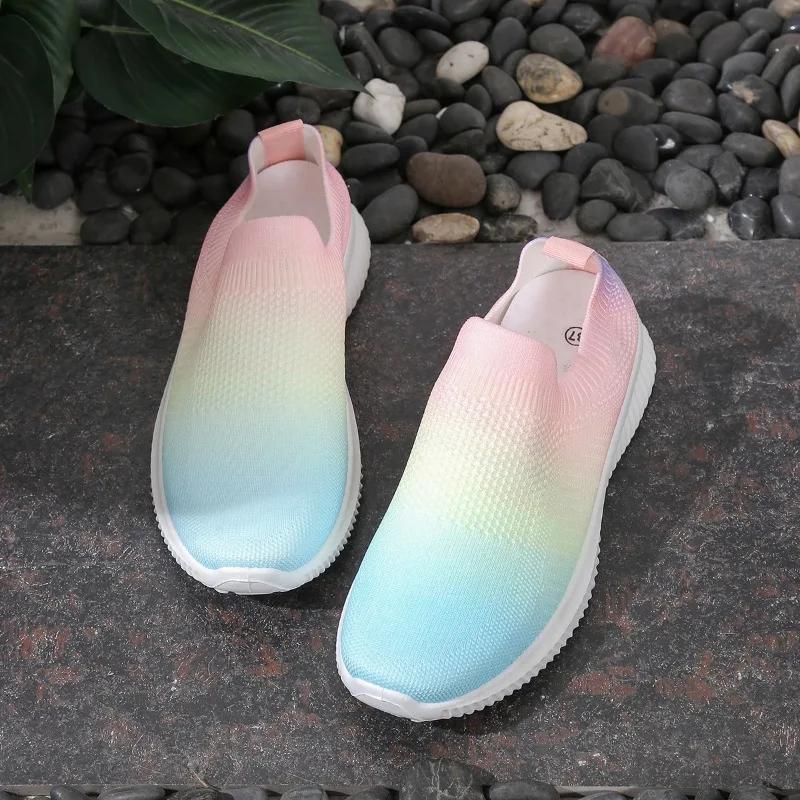 Fashion Gradient Color Women Flats Shoes Breathable Mesh Platform Sneakers Slip on Soft Ladies Casual  Women Shoes Tennis Flats