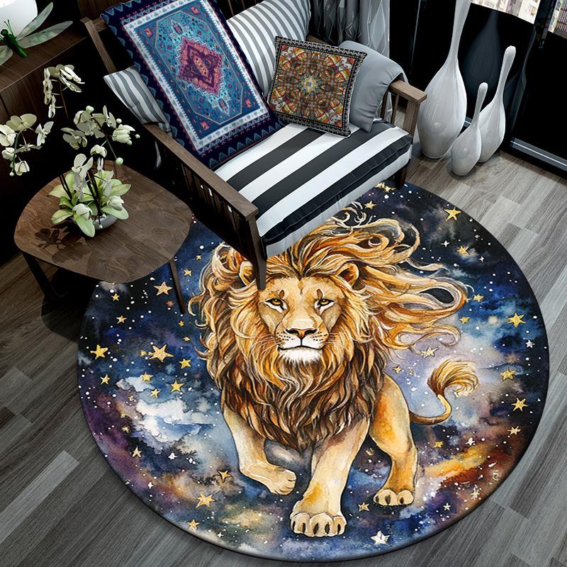 Lion Waves Stars Round Area Rug,Carpet Rug for Living Room Bedroom Sofa Playroom Decor,Non-slip Floor Mat