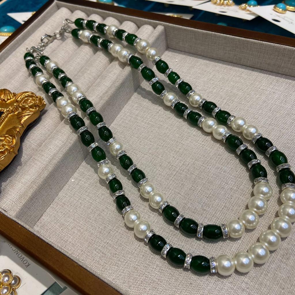 New Chinese Style Double-Layer Green Glazed Beaded Necklace Female Retro Personality Versatile Temperament Long Sweater Chain