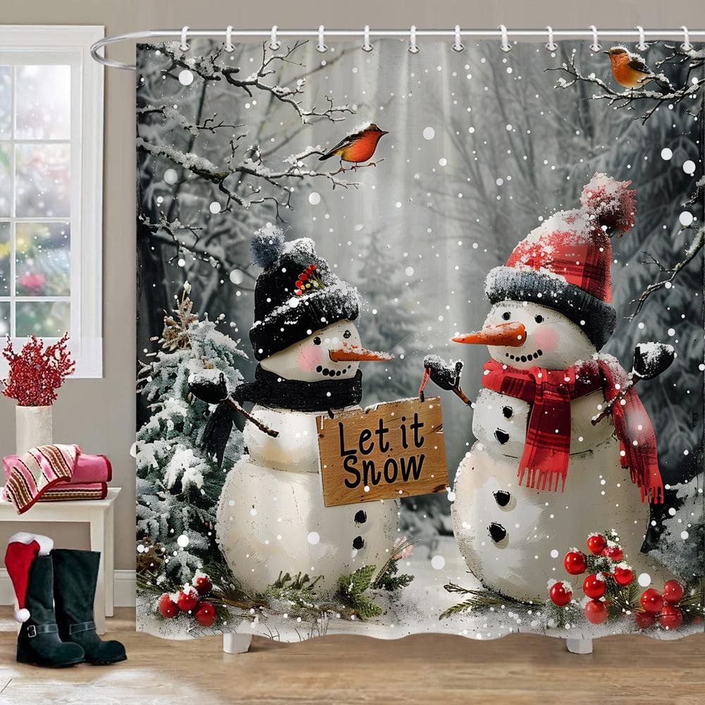 Christmas Printed Shower Curtain Cute Snowman Red Truck Christmas Tree Socks Gifts Winter Fabric Shower Curtains Bathroom Decor