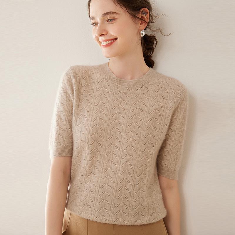 Women's Short Sleeve Round Neck Cashmere Sweater - Thin, Solid Color, Versatile Knit