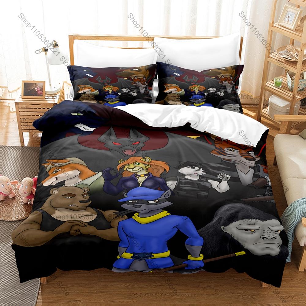 Set Biancheria da Letto Gioco Retro Sly Cooper, Copripiumino & 2 Federe, Carino Motivo Procione Ladro Tessuto Traspirante Uso Stagione Singola