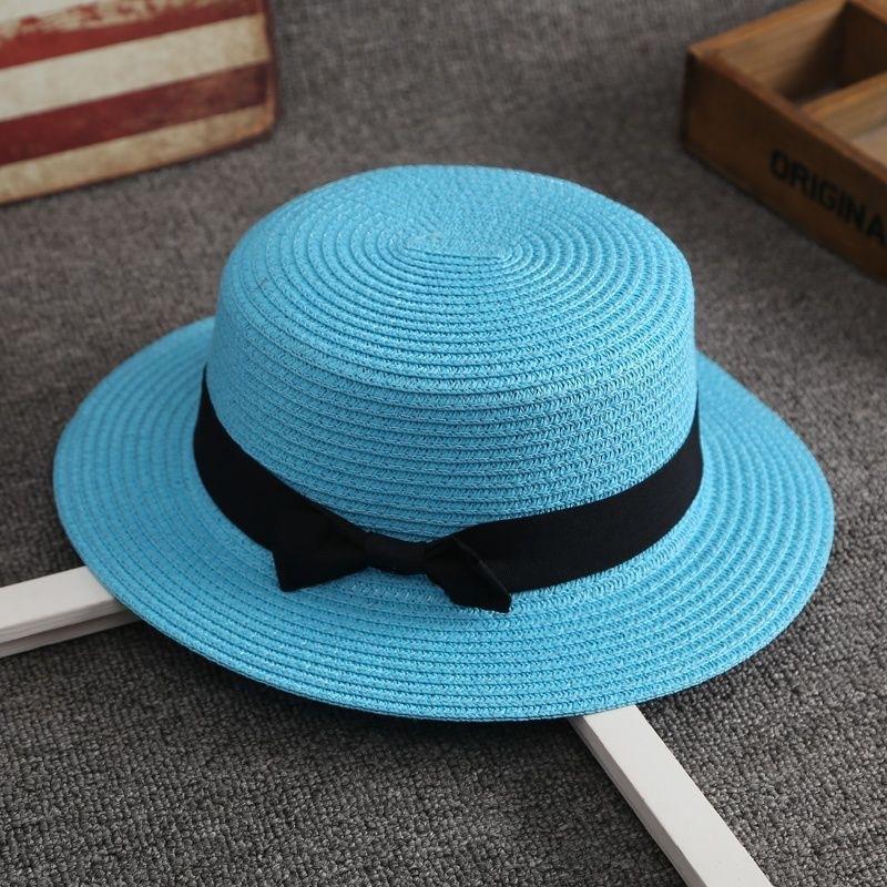Women's Flat Top Vacation Straw Hat Solid Color Wide Bow Bow Hat Sunscreen Beach Hat