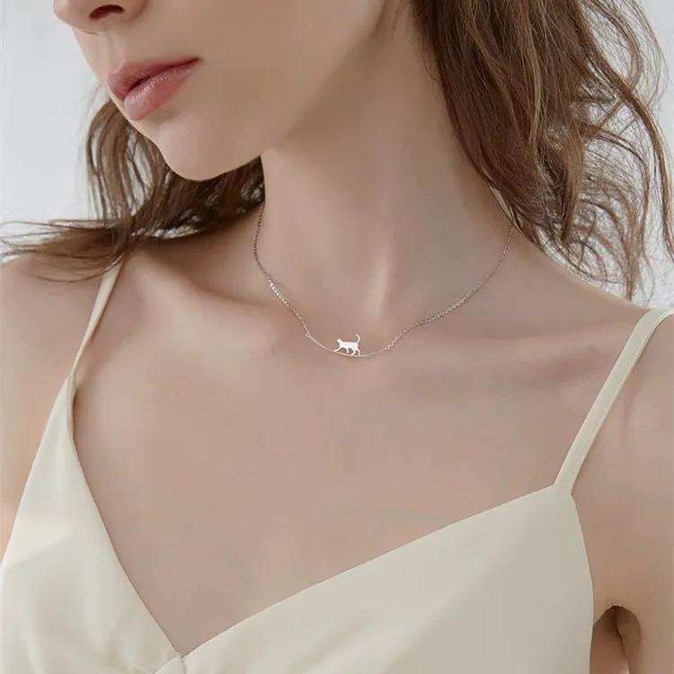 925 Silver Minimalist Cute Cat Pendant Clavicle Necklace for Women
