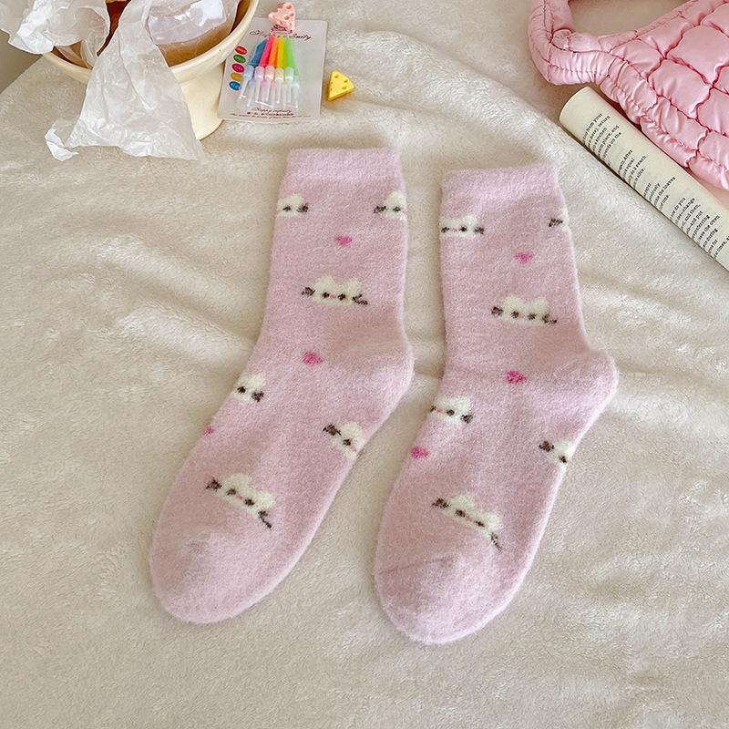 Australian Velvet Socks Pink Purple Cat Cute Animal Cartoon Embroidered Socks Warm Confinement Socks Floor Socks