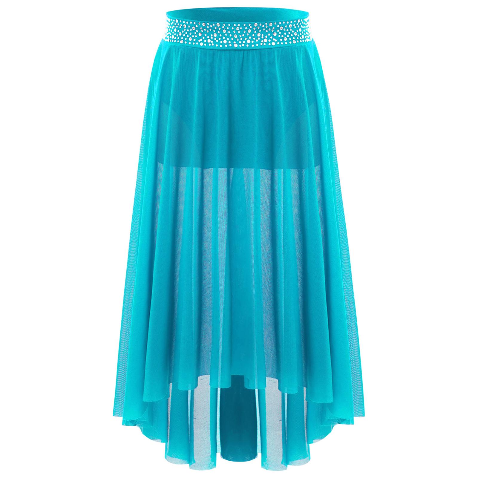 

Дитяча танцювальна спідниця Блискучі стрази Пояс з боковим розрізом Високий низький нерівний сітчастий спідниця для виступу 15-16 Years небо синє кольору