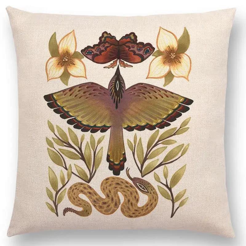 Retro Mystery Watercolor Art Totem Sofa Pillow Case Animals Deer Bear Bird Fish Fox Owl Snake Rabbit Heron Bee Cushion Cover