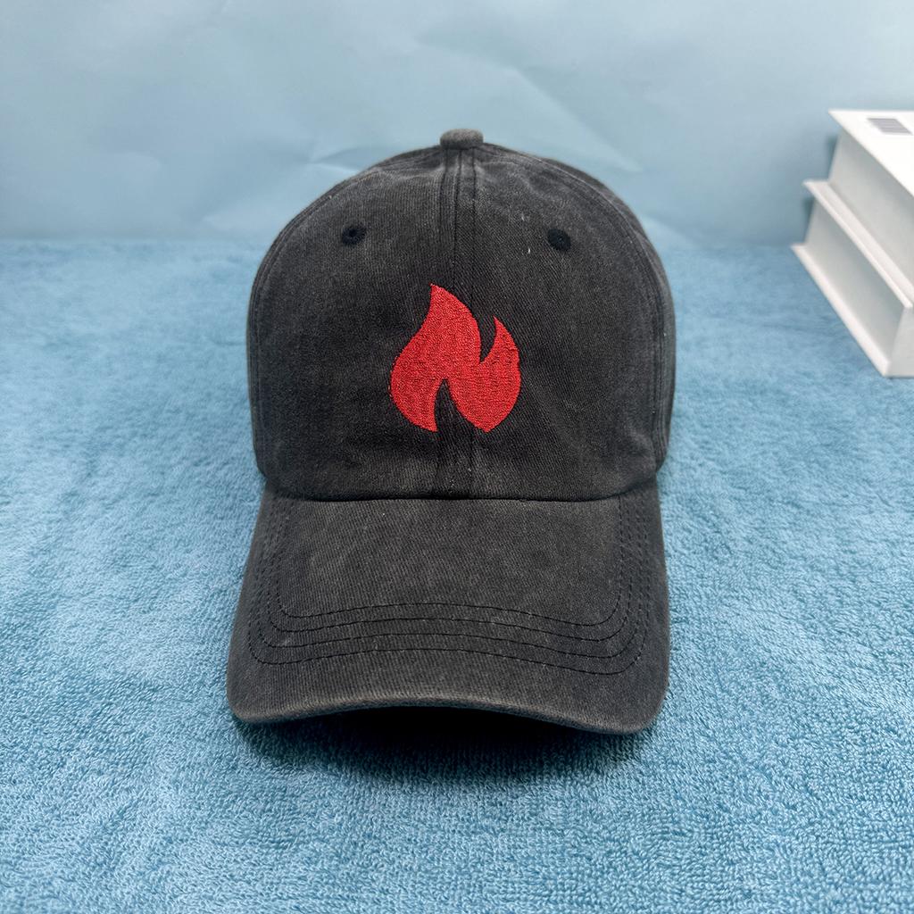 Washed Embroidered Fire Pattern Baseball Hat with Sunscreen, Sunshade, Party Travel Hat Simple Design