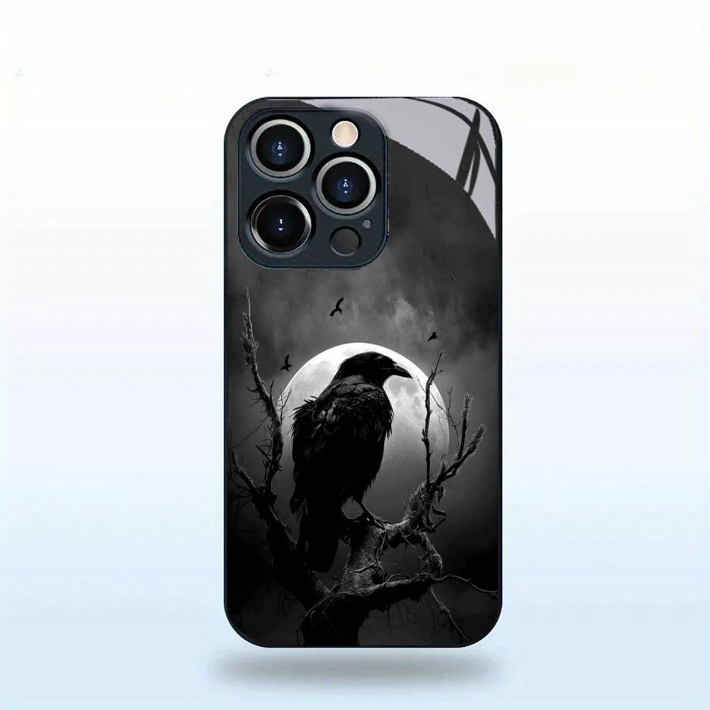 Crow Black Glass Phone Shell For iPhone 16 Plus 15 Pro 14 13 12 Pro Max Soft Silicone Frame Scratch Resistant Protective Case