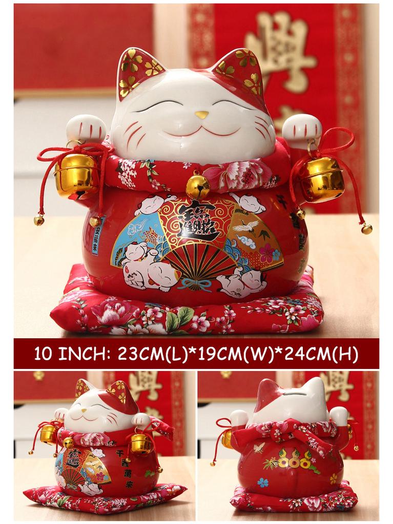 10 inch Ceramic Lucky Cat Money Bank Maneki Neko Fortune Cats Porcelain Happy Smiling Cat Figures Feng Shui Decor Ornament