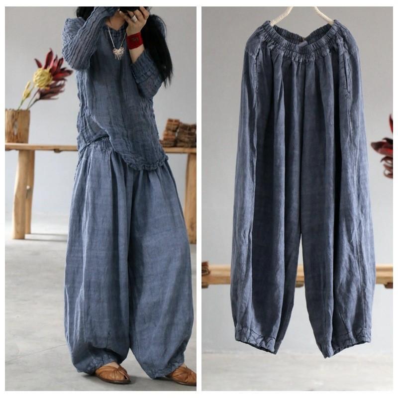 Johnature Women Vintage Linen Wide Leg Pants Elastic Waist Loose Autumn Trouser Chinese Style Women Soft Long Pants