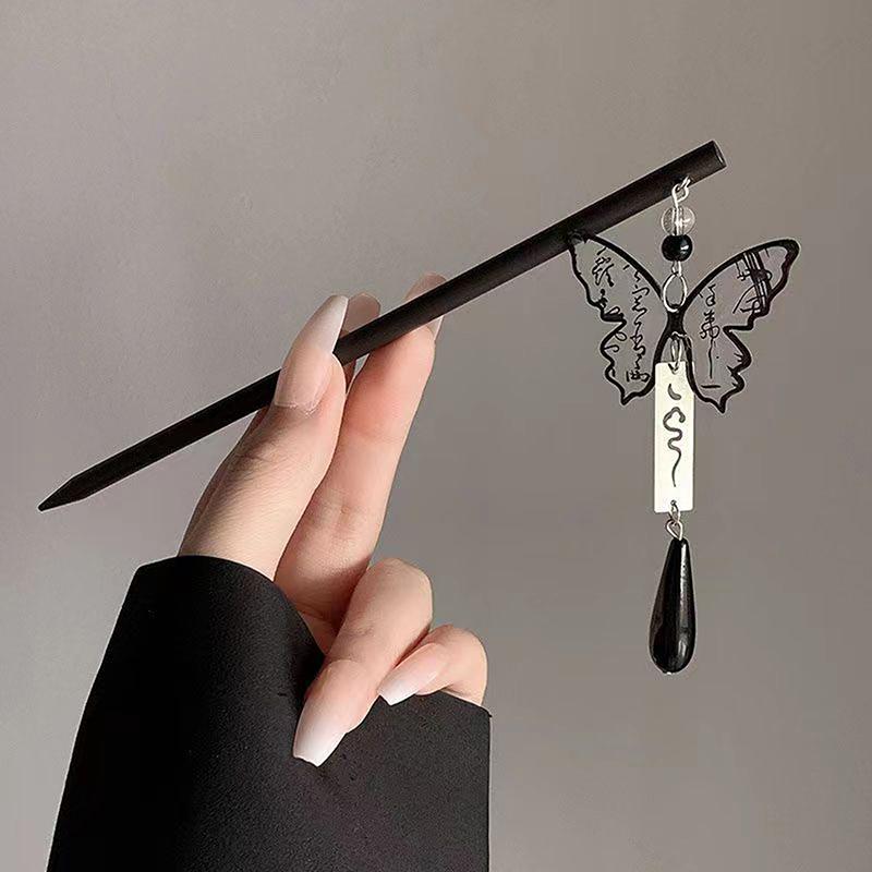 Retro Butterfly Hair Clips Chinese Style Calligraphy Butterfly Tassel Hairpin Women Wood Hair Sticks Chopstick Shaped Hairpin