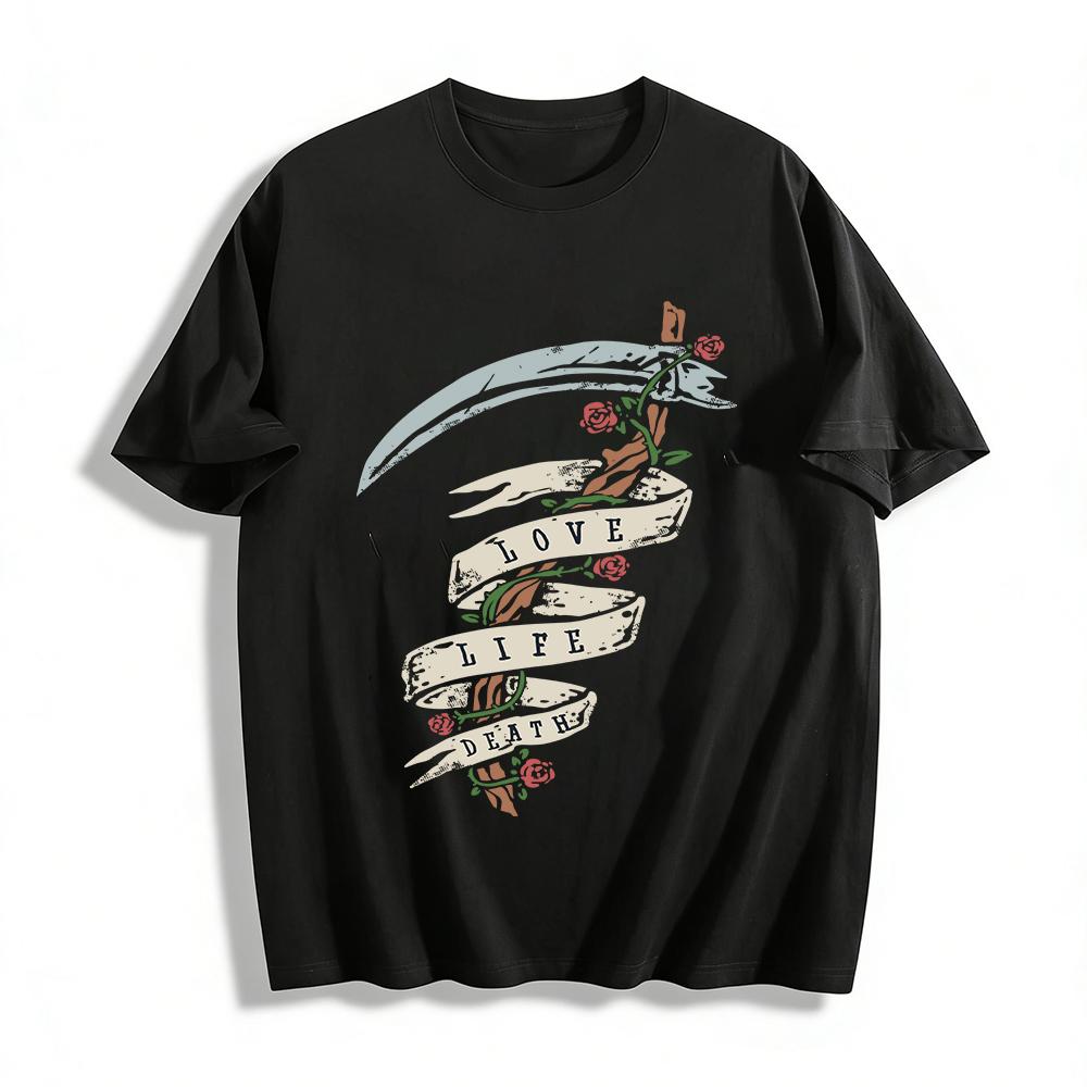 Vintage Scythe Rose Print Tee Love Life Death Themed Casual Top Pure cotton T-shirt XXS