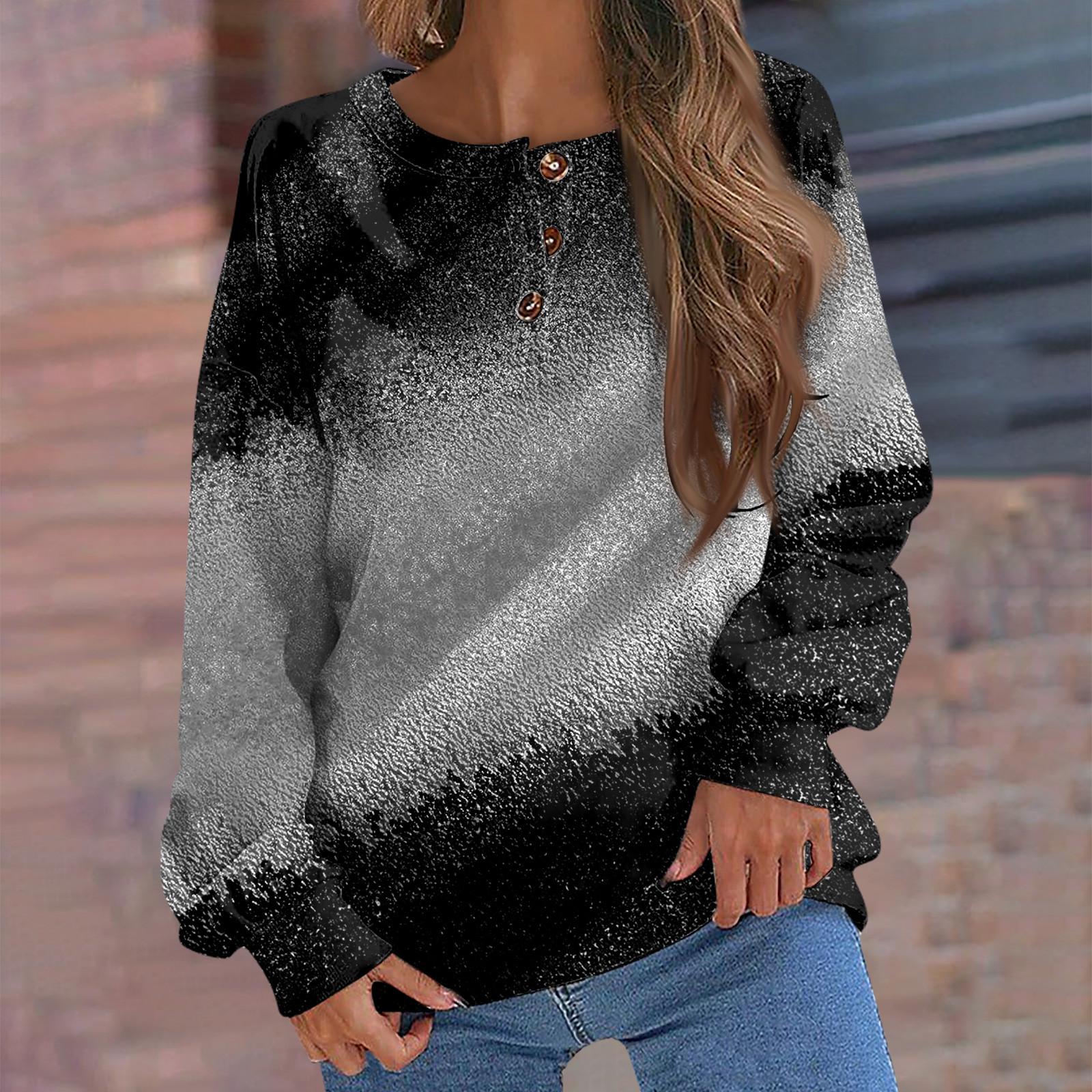 

Women s And Winter Round Neck Gradient Print Button Design Loose Casual Long Sleeve Pullover Top XXXL