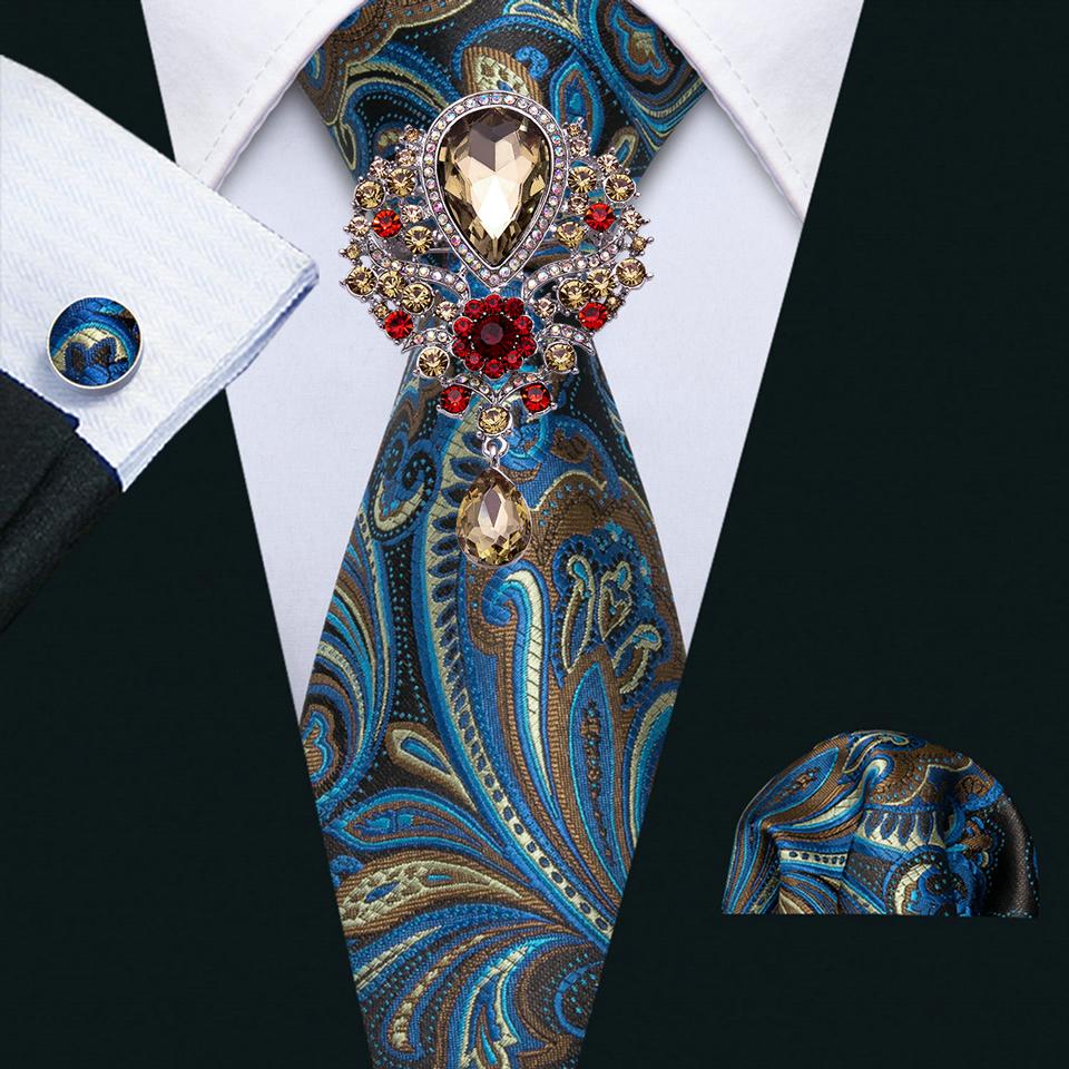 Barry.Wang Cravate pentru bărbați cu broșă Paisley Jacquard Set de cravate formale din mătase
