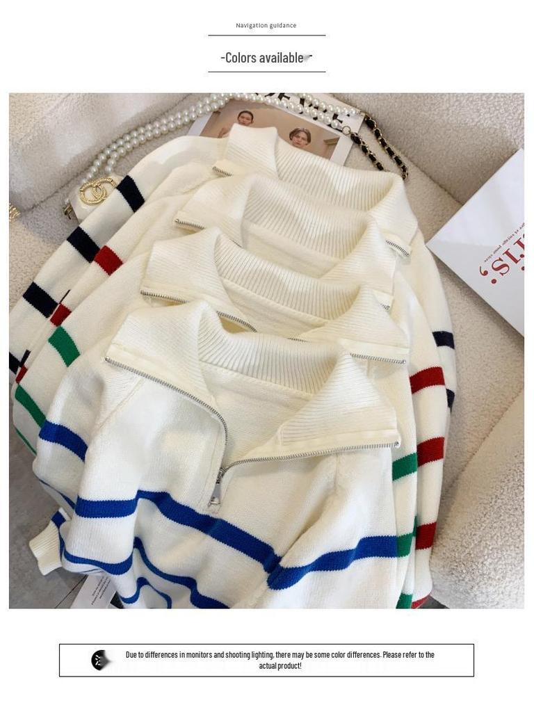 Vysoce kvalitní trendy pletený svetr na zip v korejském stylu pro ženy – Modrý pruhovaný, Jedna velikost