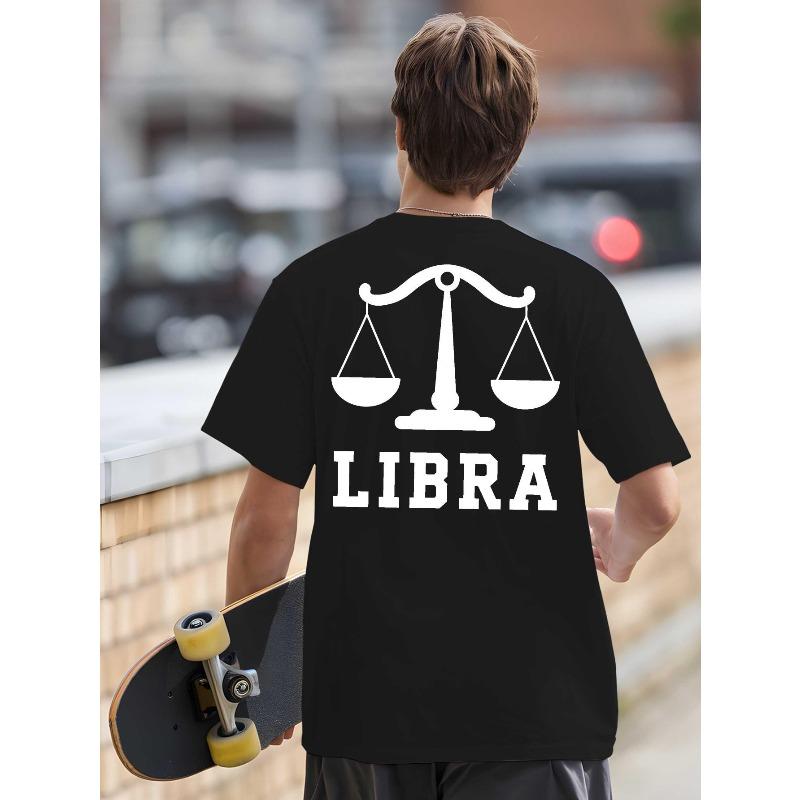 

Men s Libra Zodiac T-Shirt - Astrology-Themed Back Print with Scales Libra Lettering, Breathable Round Neck Short Sleeve Gym & Streetwear Summer Shirt 4XL чорний