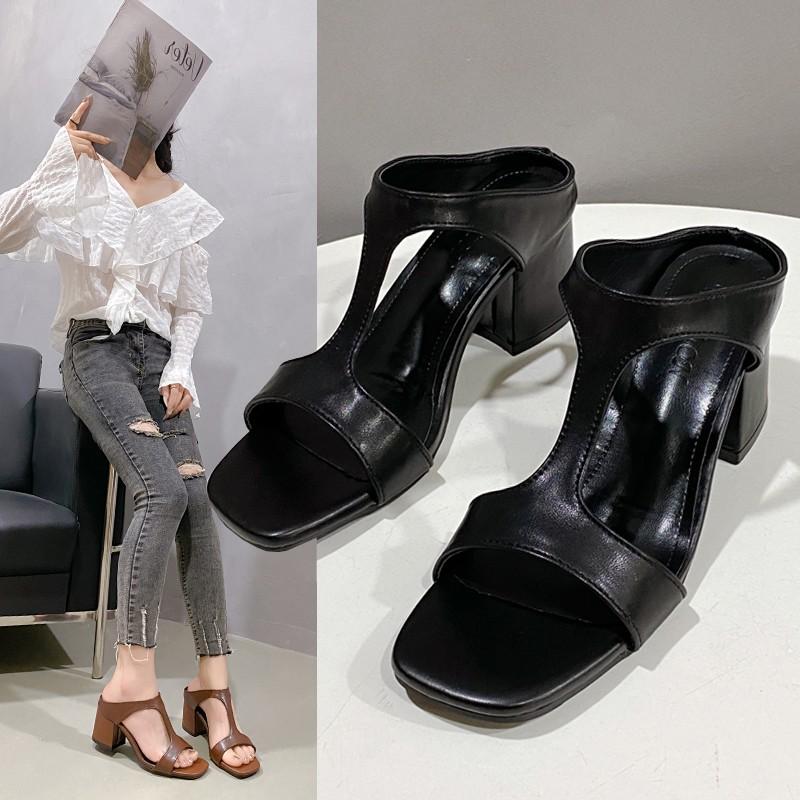 Fashion Women's High Heel Shoes 2024 Spring New Slippers Fashion Versatile Solid Color Medium Heel Thick Heel Square Toe Sandals Women