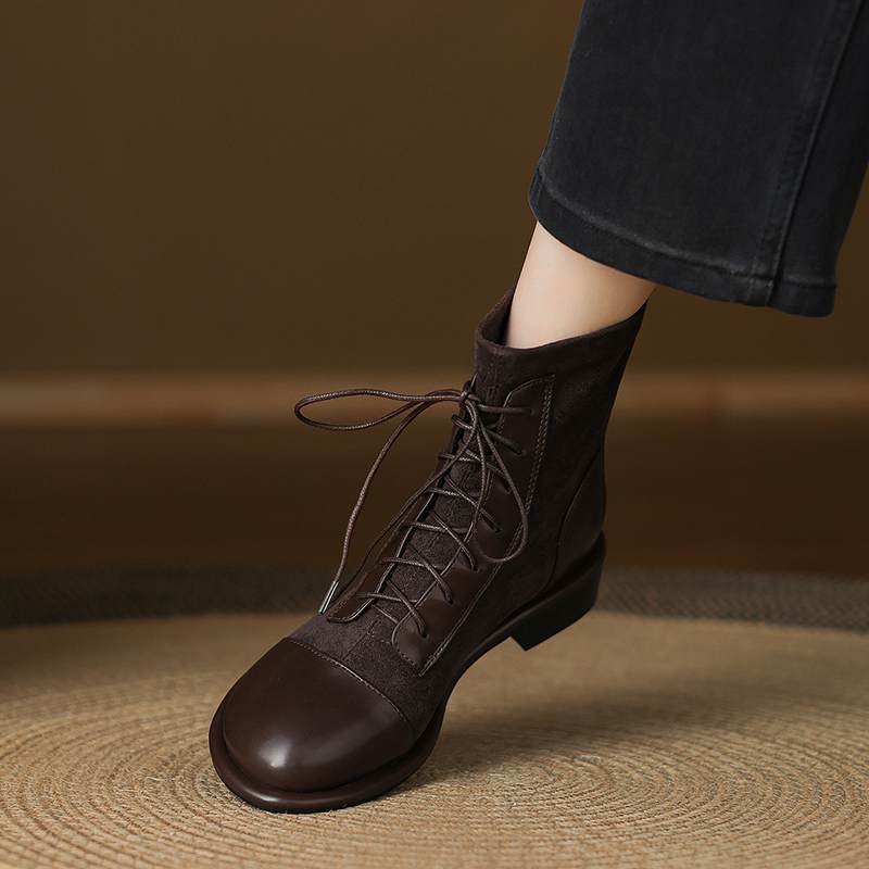 Krazing Po Microfiber Winter Round Toe Size 33 Western Boots Size 43 Lace Up Low Heels European Designer Ankle Boots