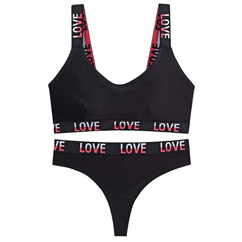 

TERMEZY Женский комплект бюстгальтера Push Up, сексуальный спортивный бюстгальтер с надписью, комплект стрингов с низкой талией, комплект нижнего белья без косточек из хлопка M чёрный