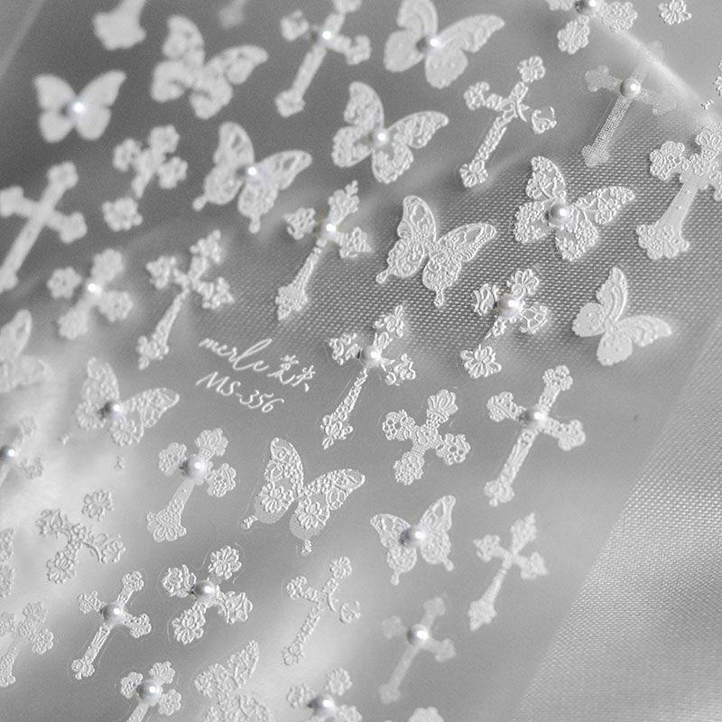 

Bright Crystal Black and White Lace Cross Butterfly Nail Art Sticker Tomoni Embossed Adhesive Nail Sticker Nail Ornament White Cross Butterfly 356((Crystal Drill))