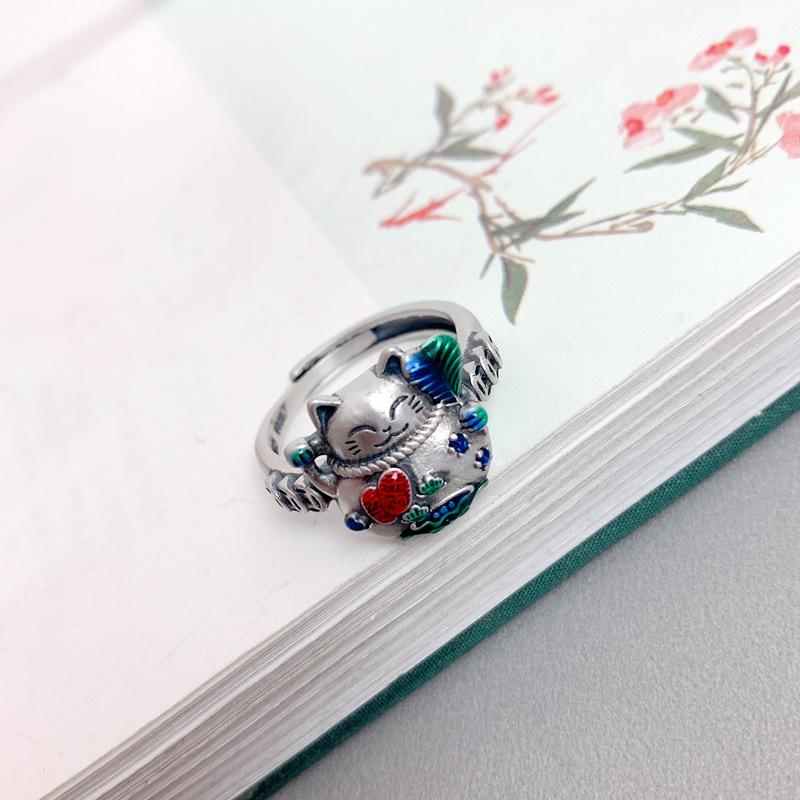 925 Sterling Silver Lucky Cat Ring Women's Retro Atmosphere Old Craftsmanship Simple Enamel Color Ring Index Finger with Jewelry