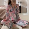 Spotted Leopard Print Pajama Set for Women Idyllic Style Long Sleeve Pant Female Lounge Autumn Winter Cartoon Sleepwear