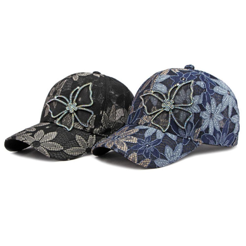 Breathable Lace Floral Baseball Cap Mesh Adjustable Streetwear Hat Rhinestone Butterfly Baseball Hat For Man Women Unisex
