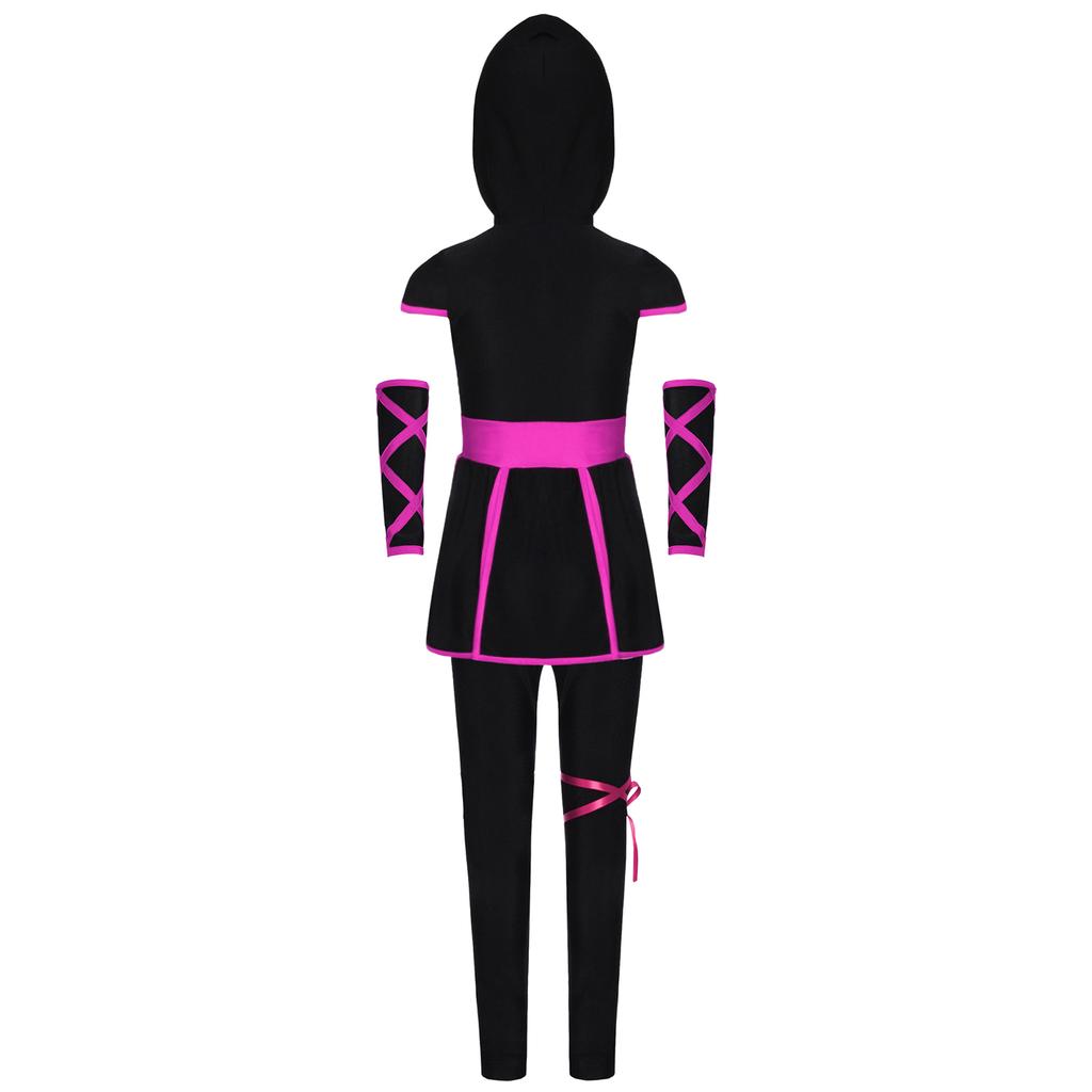 Costume Cosplay Ninja Unisex per Bambini Top con Cappuccio Stampa Drago Ampia Fascia Fondo Spaccato Set Guanti Pantaloni