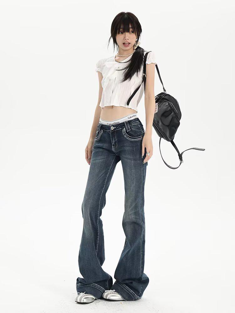 Dámské retro modré džíny s vysokým pasem a mikro rozšířenými nohavicemi - Podzimní strečový zeštíhlující styl