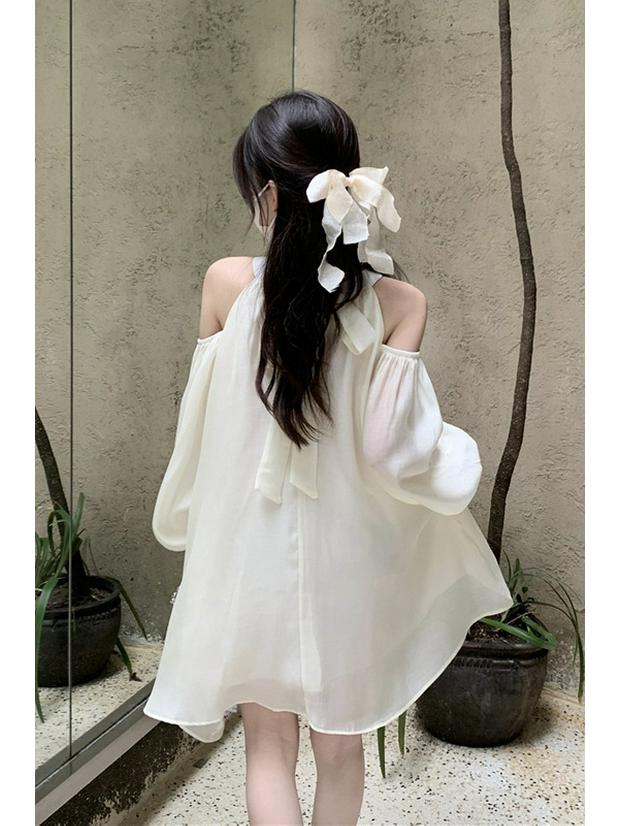 Women's Off-Shoulder Halter Neck White A-Line Dress - Autumn 2025 Fashion