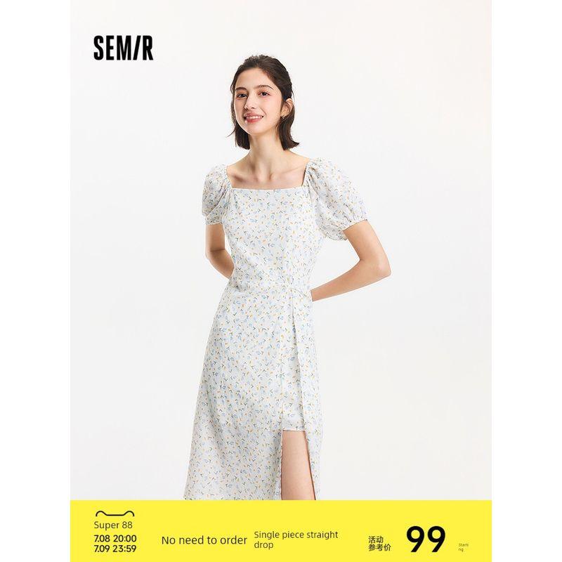 

Senma Dress Women Puff sleeve Romantic Cute Girl s Summer French style Square Collar Twisted Split Chiffon Floral Skirt White Blue Tone 00418 155/80A/S