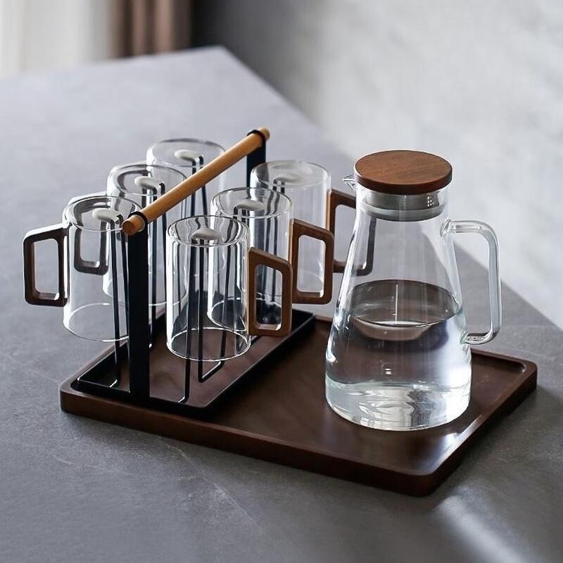 ZISIZ Transparent Glass Cup Set with Walnut Handle