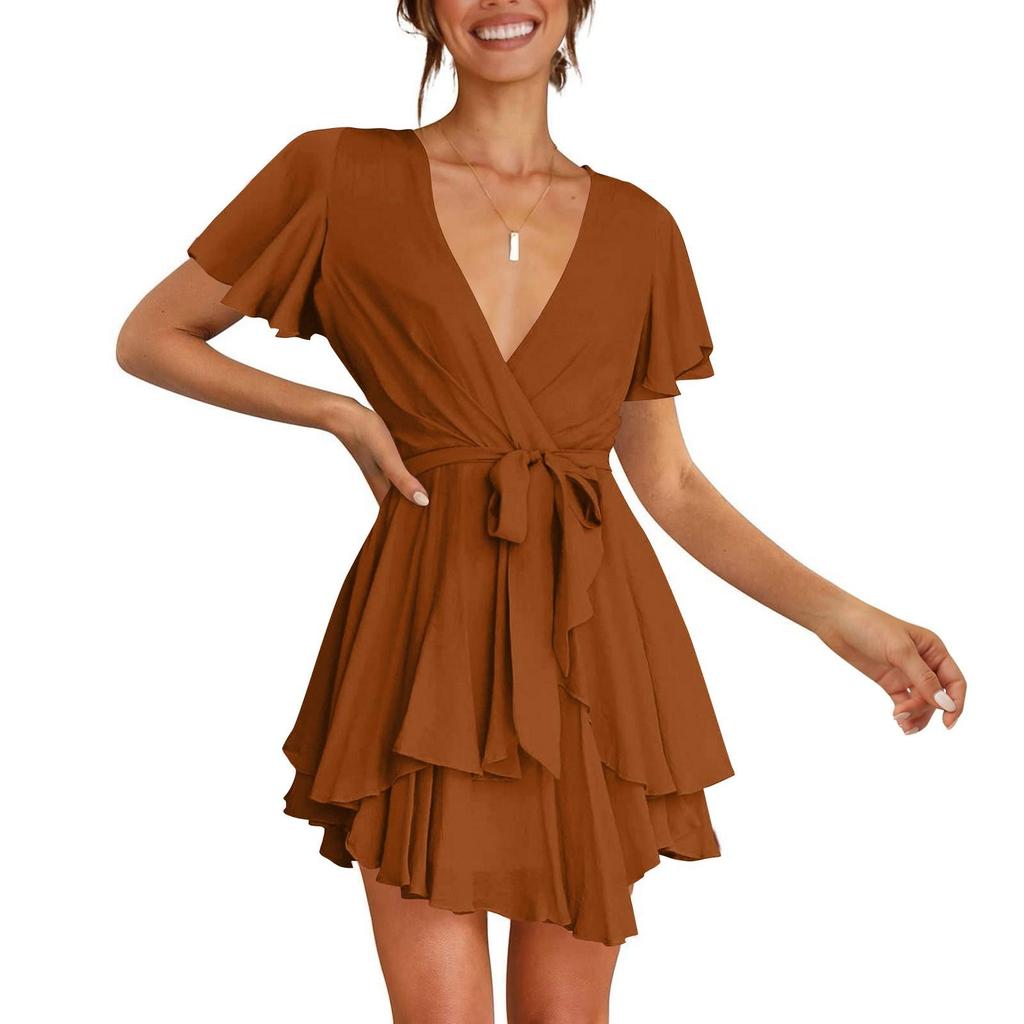 Dámské módní ležérní jednobarevné krátké rukávy s výstřihem do V, volný pas a volánky