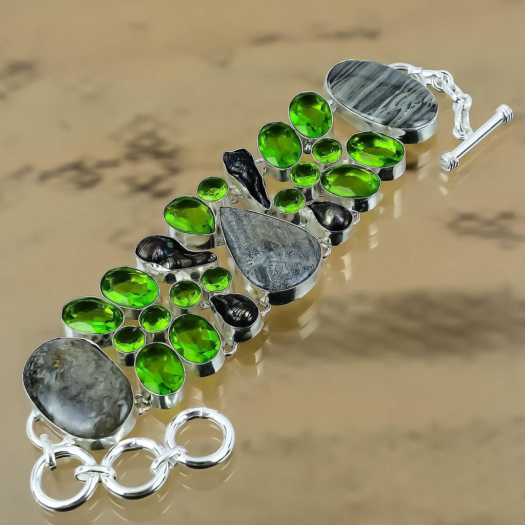 Gift For Her 925 Silver Natural Silver Leaf Jasper Chain Adjustable Bracelet