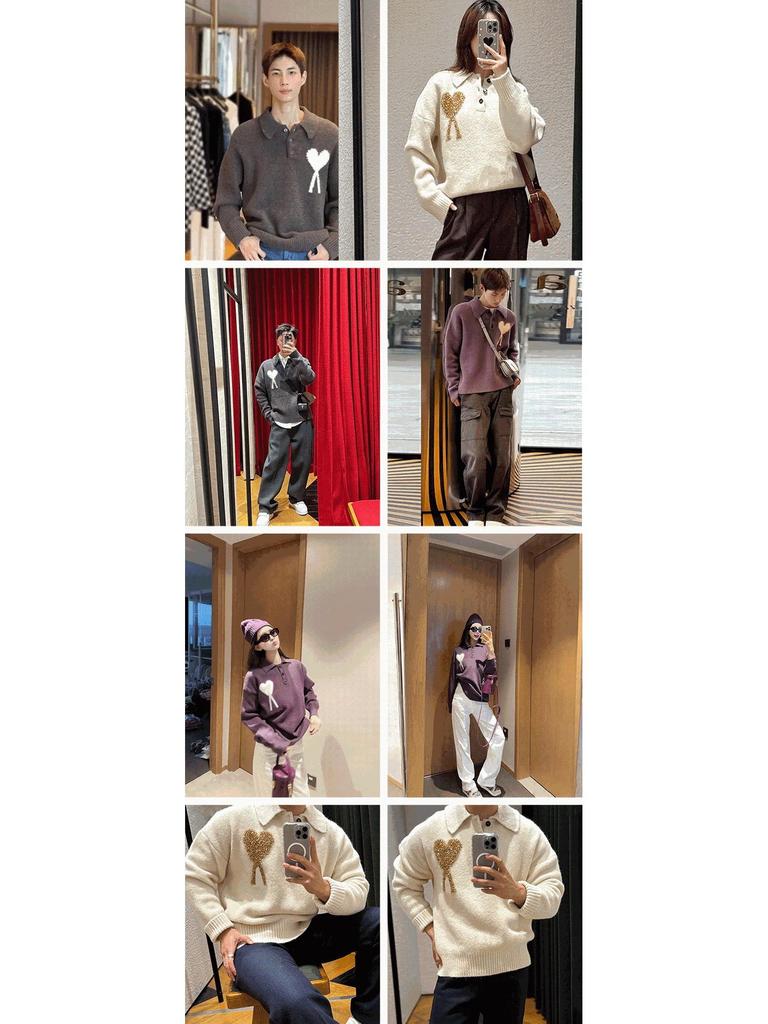 AMI Unisex Big Heart Jacquard Knit Polo Sweater