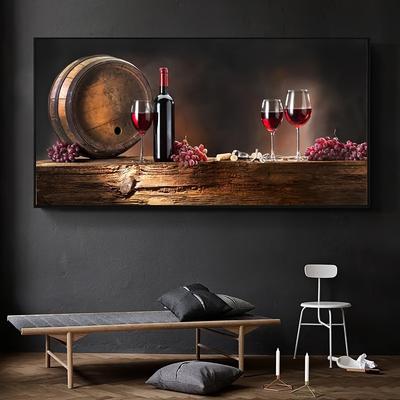 Künstlerisches Leinwandposter, Vintage Klassisches Rotweinglas & Fassgemälde, Leinwandwandkunst, Kunstwerk Wandgemälde als Geschenk, Schlafzimmer, Büro, Wanddekoration