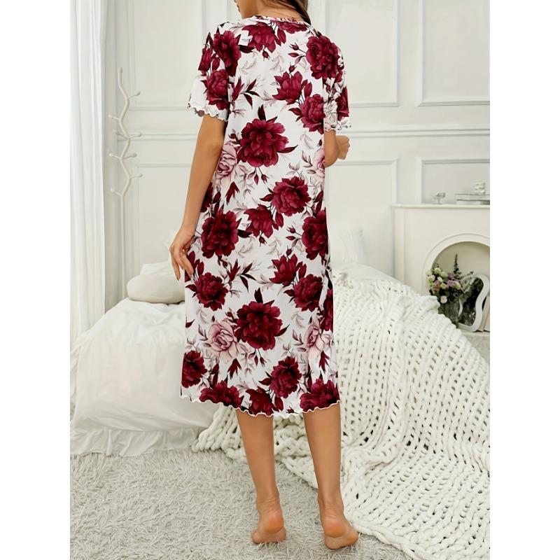 Velká velikost, Kulatý výstřih, Krátký rukáv, Modrý květ meruňky, Domácí oblečení, Noční košile, Šaty, Ležérní, Dámské oblečení s potiskem